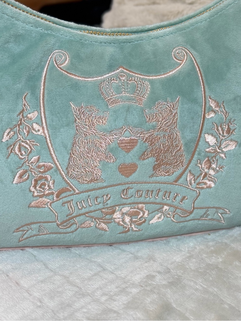 NWT Viral Juicy Couture New Love Chapter Shoulder Bag Frosty Green Velour Crest - Picture 9 of 16